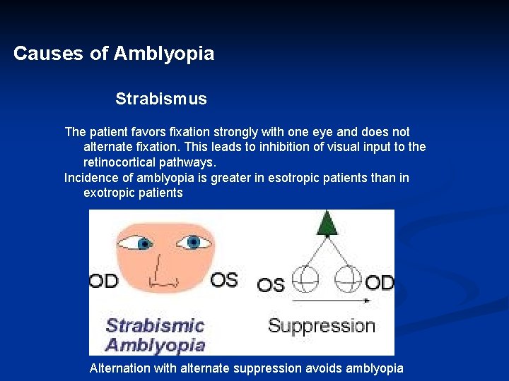 Causes of Amblyopia Strabismus The patient favors fixation strongly with one eye and does