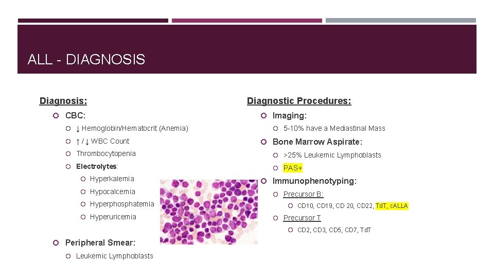 ALL - DIAGNOSIS Diagnosis: CBC: ↓ Hemoglobin/Hematocrit (Anemia) ↑ / ↓ WBC Count Diagnostic