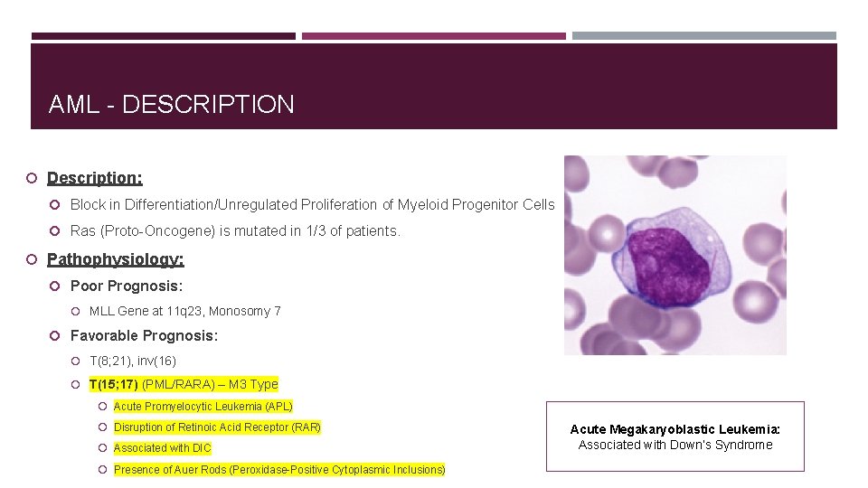 AML - DESCRIPTION Description: Block in Differentiation/Unregulated Proliferation of Myeloid Progenitor Cells Ras (Proto-Oncogene)
