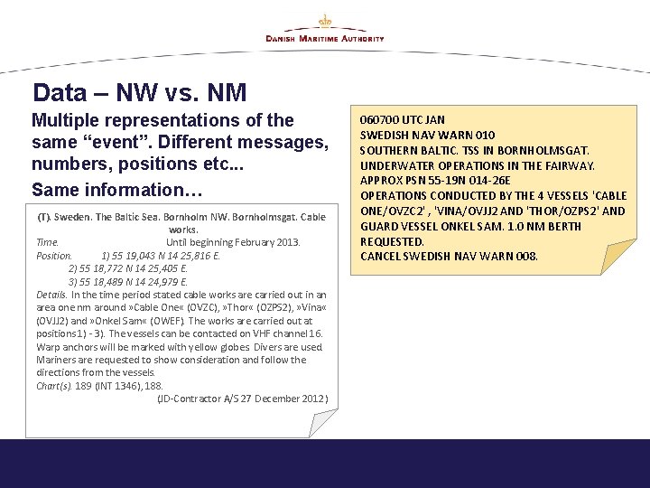 Data – NW vs. NM Multiple representations of the same “event”. Different messages, numbers,