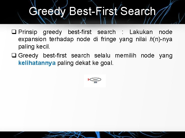 Greedy Best-First Search Prinsip greedy best-first search : Lakukan node expansion terhadap node di