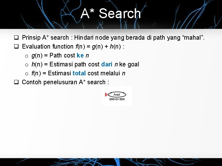A* Search Prinsip A* search : Hindari node yang berada di path yang “mahal”.