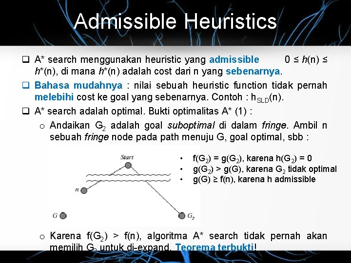 Admissible Heuristics A* search menggunakan heuristic yang admissible 0 ≤ h(n) ≤ h*(n), di