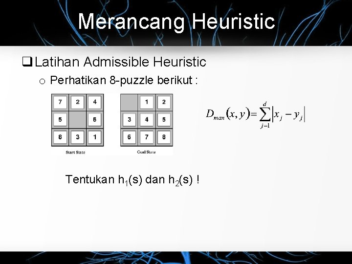 Merancang Heuristic Latihan Admissible Heuristic o Perhatikan 8 -puzzle berikut : Tentukan h 1(s)