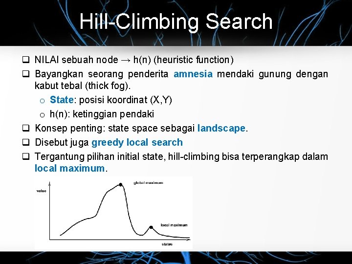 Hill-Climbing Search NILAI sebuah node → h(n) (heuristic function) Bayangkan seorang penderita amnesia mendaki