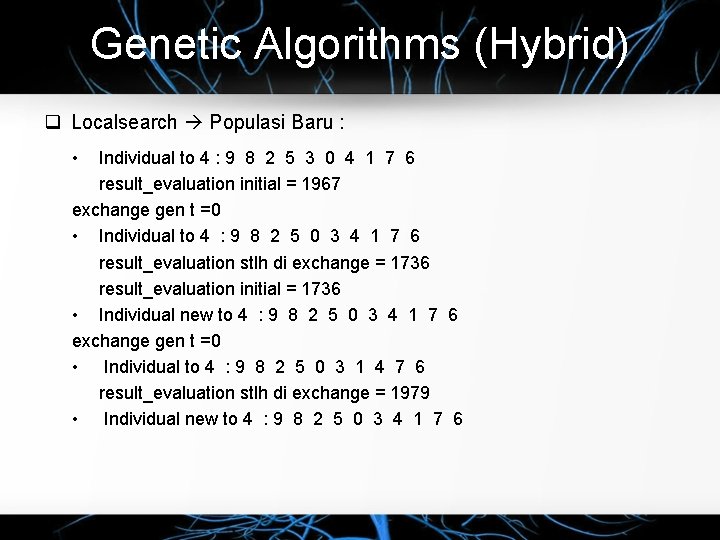 Genetic Algorithms (Hybrid) Localsearch Populasi Baru : • Individual to 4 : 9 8
