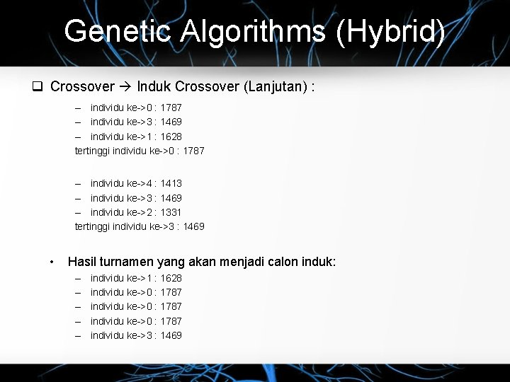 Genetic Algorithms (Hybrid) Crossover Induk Crossover (Lanjutan) : – individu ke->0 : 1787 –