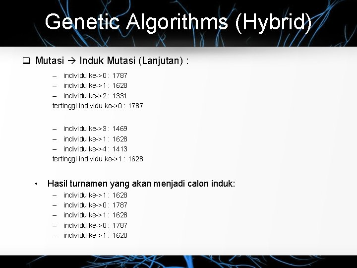 Genetic Algorithms (Hybrid) Mutasi Induk Mutasi (Lanjutan) : – individu ke->0 : 1787 –