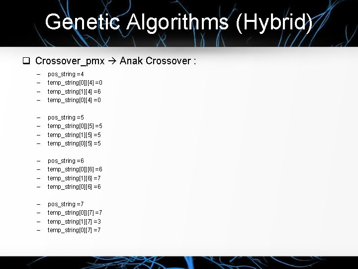 Genetic Algorithms (Hybrid) Crossover_pmx Anak Crossover : – – pos_string =4 temp_string[0]][4] =0 temp_string[1][4]