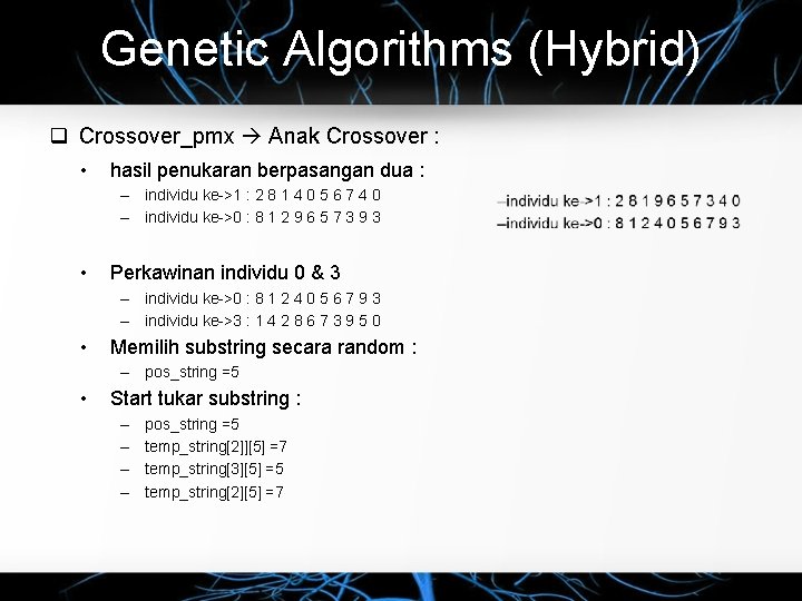 Genetic Algorithms (Hybrid) Crossover_pmx Anak Crossover : • hasil penukaran berpasangan dua : –