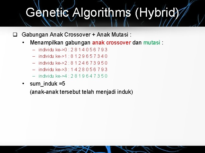 Genetic Algorithms (Hybrid) Gabungan Anak Crossover + Anak Mutasi : • Menampilkan gabungan anak