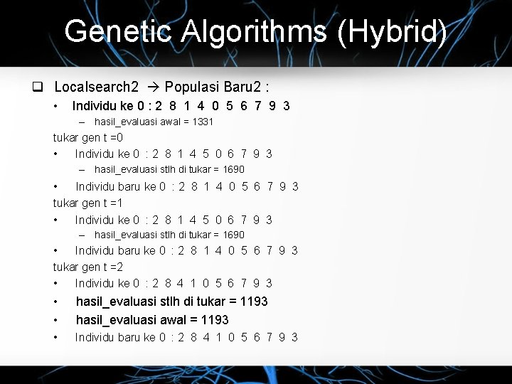 Genetic Algorithms (Hybrid) Localsearch 2 Populasi Baru 2 : • Individu ke 0 :