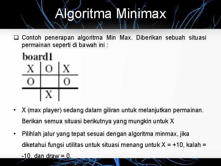 Algoritma Minimax Contoh penerapan algoritma Min Max. Diberikan sebuah situasi permainan seperti di bawah