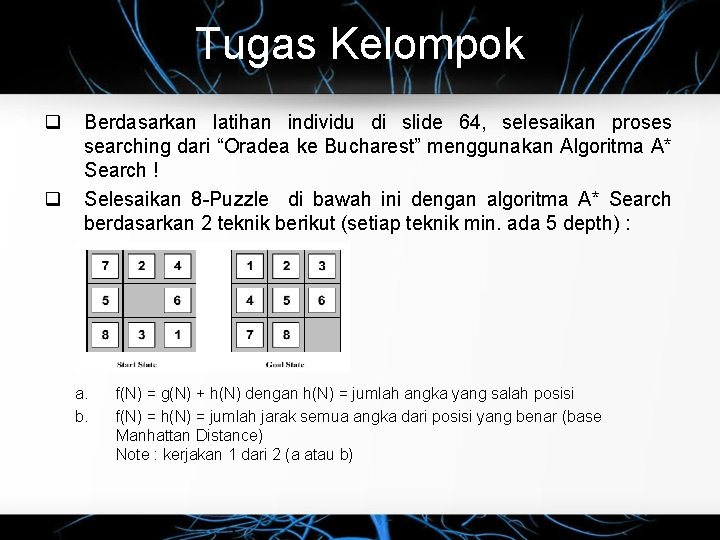 Tugas Kelompok Berdasarkan latihan individu di slide 64, selesaikan proses searching dari “Oradea ke