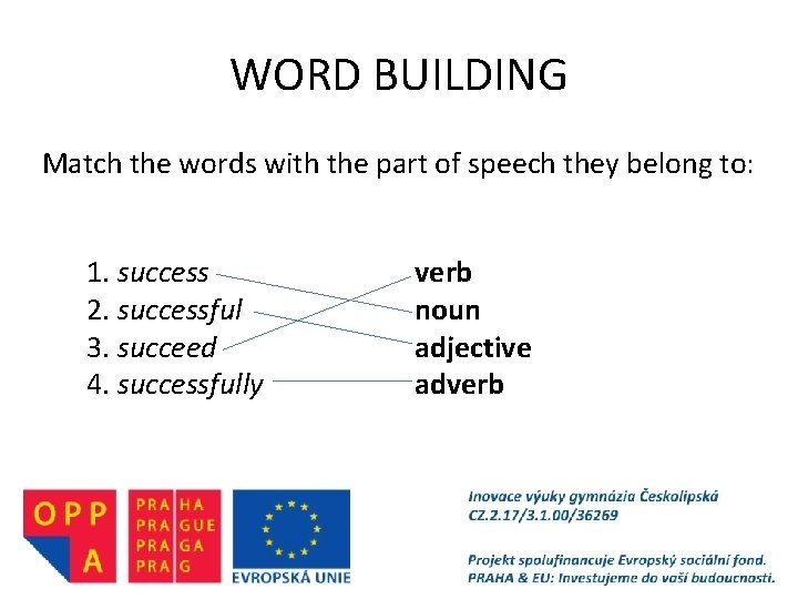 WORD BUILDING Match the words with the part of speech they belong to: 1.