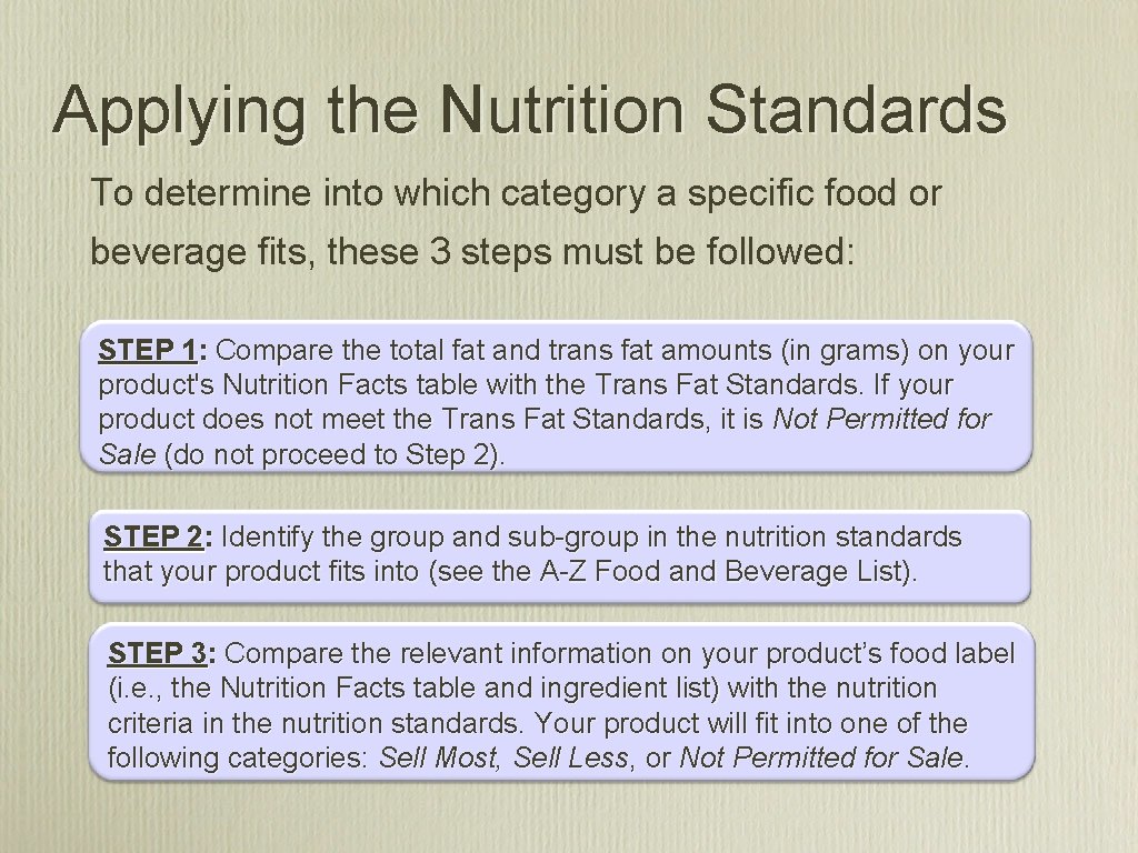 Applying the Nutrition Standards To determine into which category a specific food or beverage