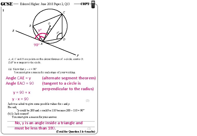 GCSE Edexcel Higher: June 2018 Paper 2, Q 13 1 C O B E