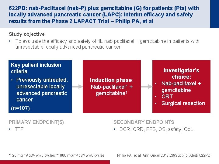 622 PD: nab-Paclitaxel (nab-P) plus gemcitabine (G) for patients (Pts) with locally advanced pancreatic