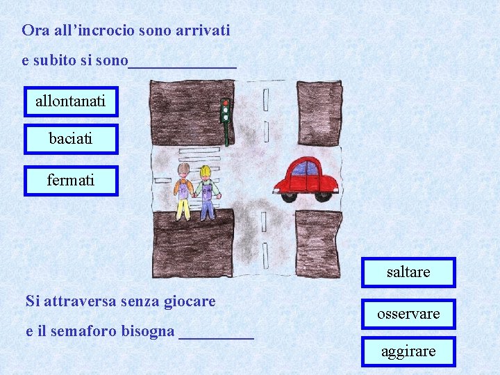 Ora all’incrocio sono arrivati e subito si sono_______ allontanati baciati fermati saltare Si attraversa