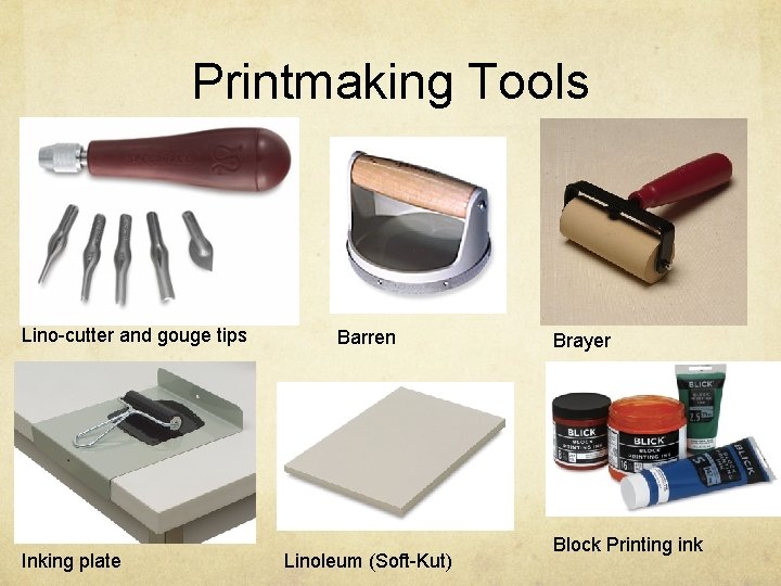 Printmaking Tools Lino-cutter and gouge tips Inking plate Barren Linoleum (Soft-Kut) Brayer Block Printing