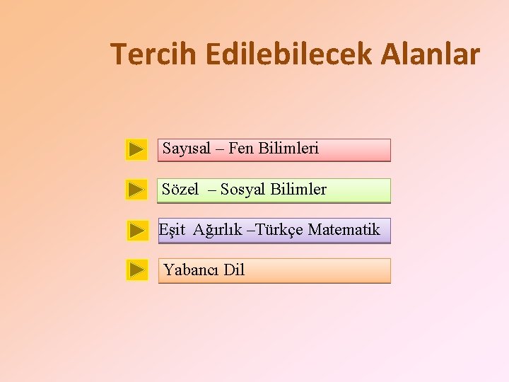 Tercih Edilebilecek Alanlar Sayısal – Fen Bilimleri Sözel – Sosyal Bilimler Eşit Ağırlık –Türkçe