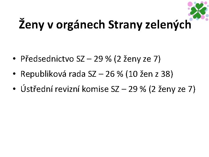 Ženy v orgánech Strany zelených • Předsednictvo SZ – 29 % (2 ženy ze