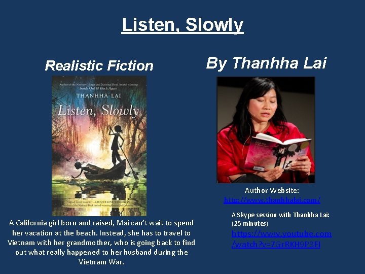 Listen, Slowly Realistic Fiction By Thanhha Lai A California girl born and raised, Mai