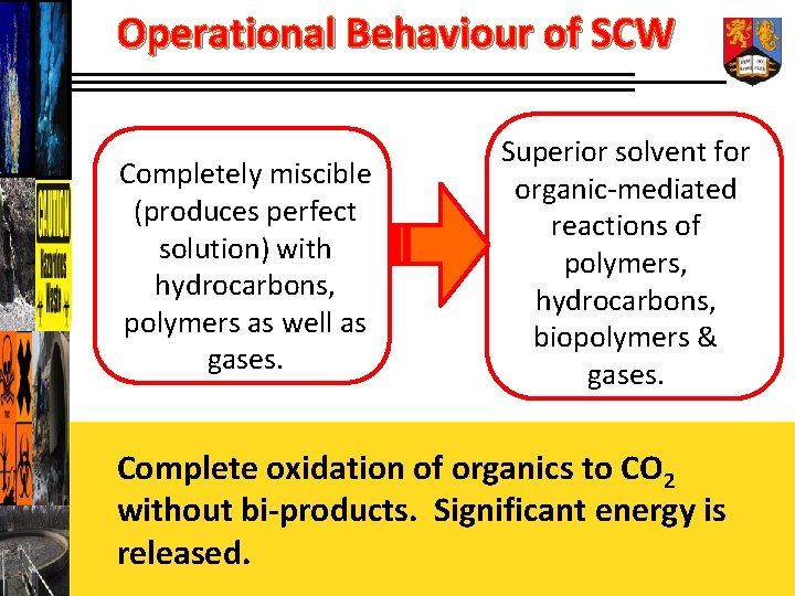 Operational Behaviour of SCW Completely miscible (produces perfect solution) with hydrocarbons, polymers as well