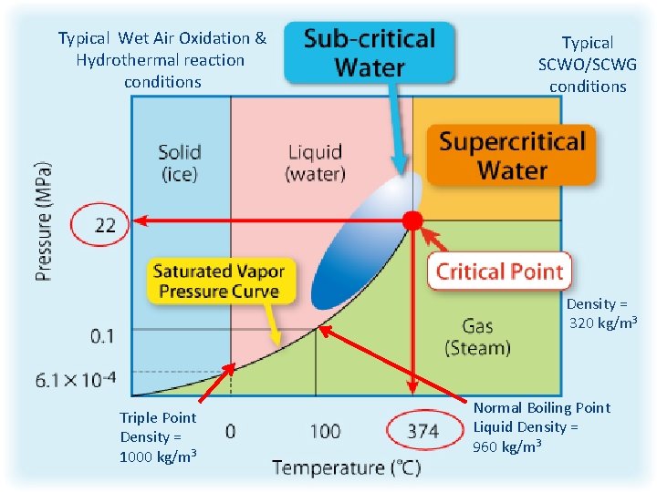 Typical Wet Air Oxidation & Hydrothermal reaction conditions Typical SCWO/SCWG conditions Density = 320