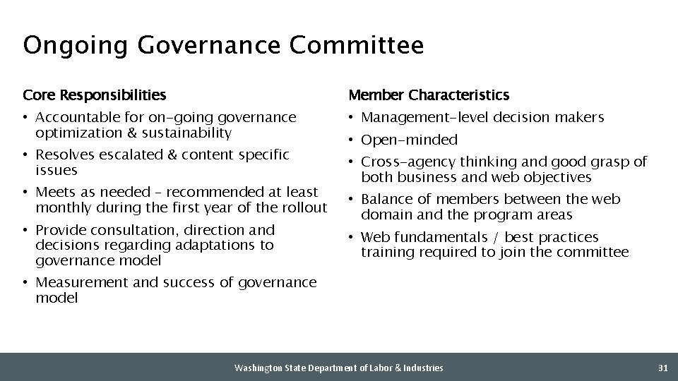 Ongoing Governance Committee Core Responsibilities Member Characteristics • Accountable for on-going governance optimization &