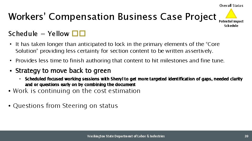 Overall Status Workers’ Compensation Business Case Project Potential impact Schedule = Yellow �� •