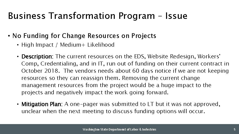 Business Transformation Program – Issue • No Funding for Change Resources on Projects •