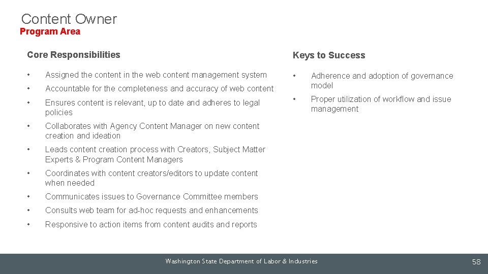 Content Owner Program Area Core Responsibilities Keys to Success • Assigned the content in