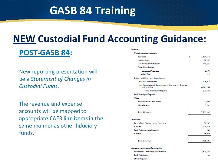 GASB 84 Training NEW Custodial Fund Accounting Guidance: POST-GASB 84: New reporting presentation will