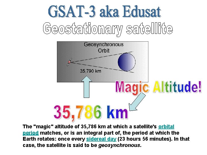 The "magic" altitude of 35, 786 km at which a satellite's orbital period matches,