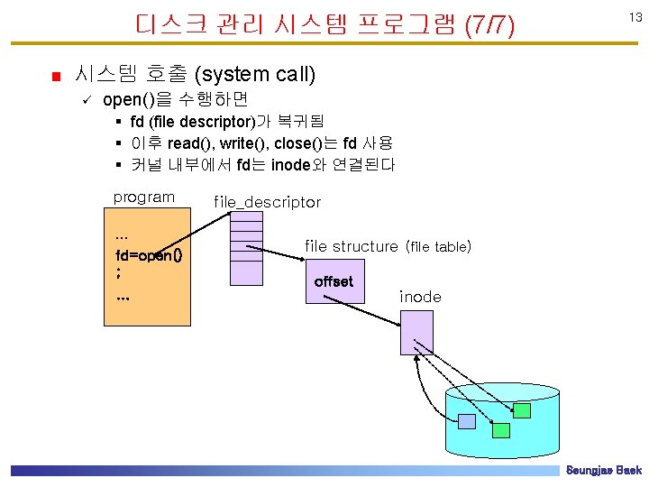 디스크 관리 시스템 프로그램 (7/7) 13 시스템 호출 (system call) ü open()을 수행하면 §