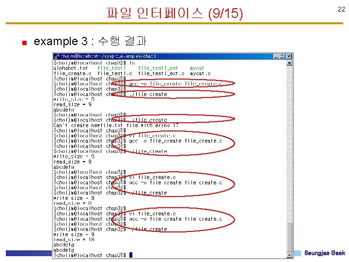 파일 인터페이스 (9/15) 22 example 3 : 수행 결과 Seungjae Baek 