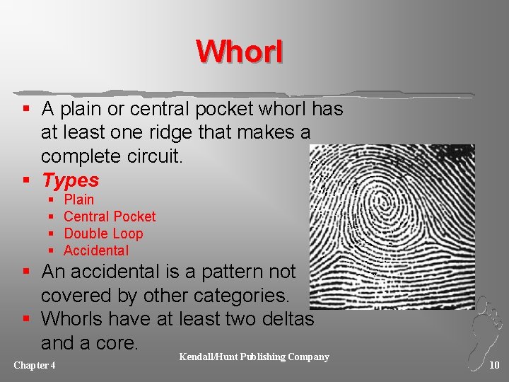 Whorl § A plain or central pocket whorl has at least one ridge that