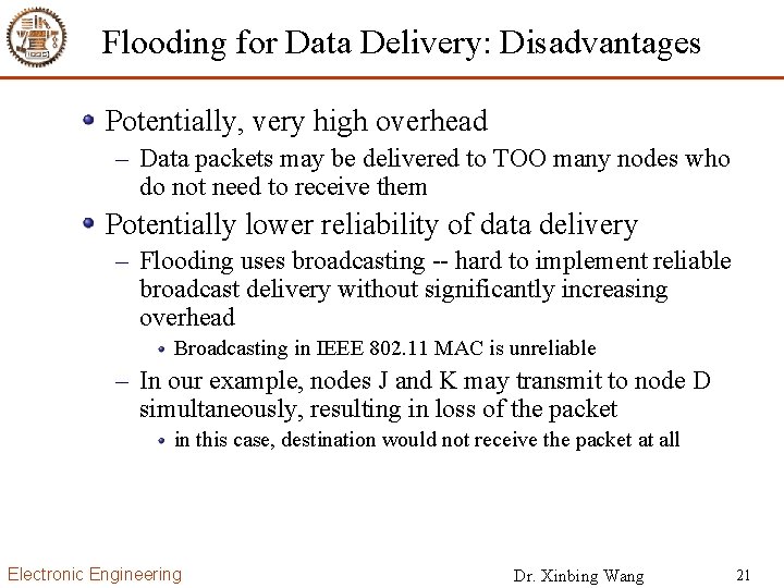 Flooding for Data Delivery: Disadvantages Potentially, very high overhead – Data packets may be