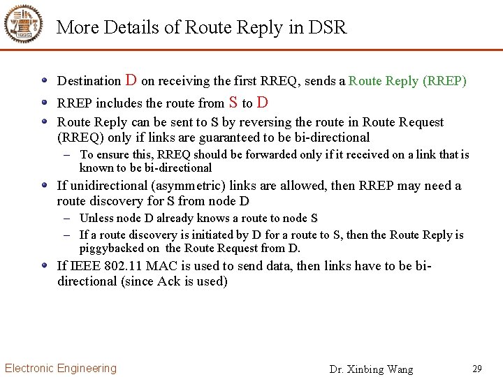 More Details of Route Reply in DSR Destination D on receiving the first RREQ,