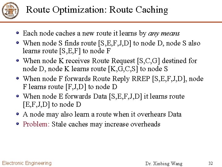 Route Optimization: Route Caching Each node caches a new route it learns by any