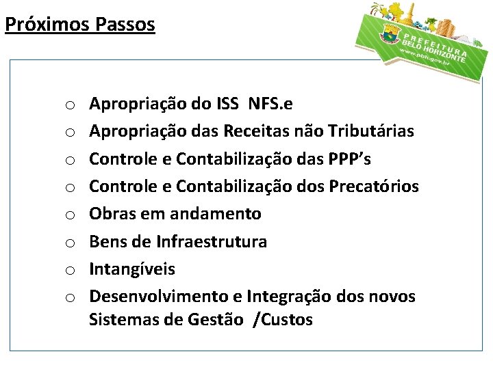 Próximos Passos o o o o Apropriação do ISS NFS. e Apropriação das Receitas