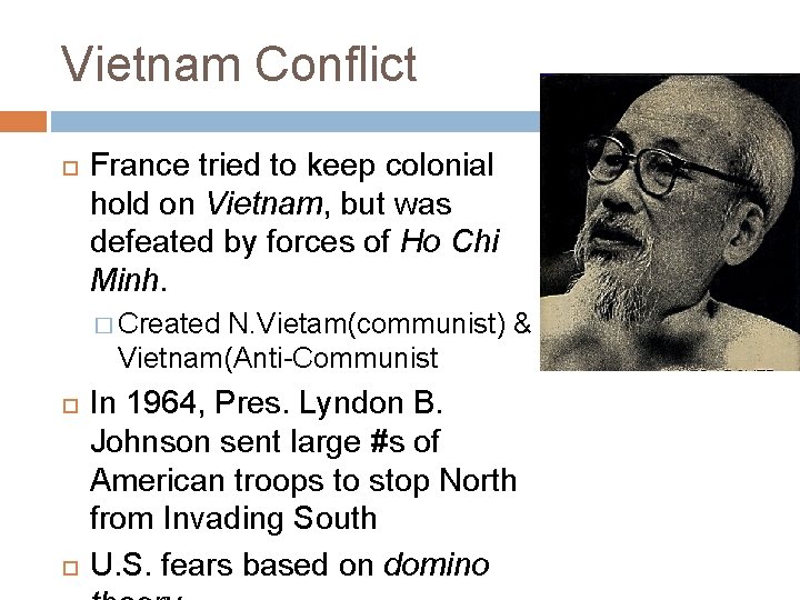 Vietnam Conflict France tried to keep colonial hold on Vietnam, but was defeated by