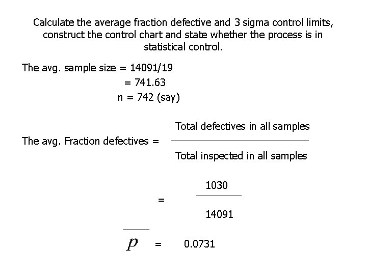 Calculate the average fraction defective and 3 sigma control limits, construct the control chart Calculate the average fraction defective and 3 sigma control limits, construct the control chart