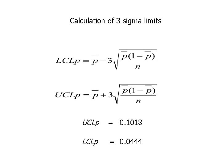 Calculation of 3 sigma limits UCLp = 0. 1018 LCLp = 0. 0444 