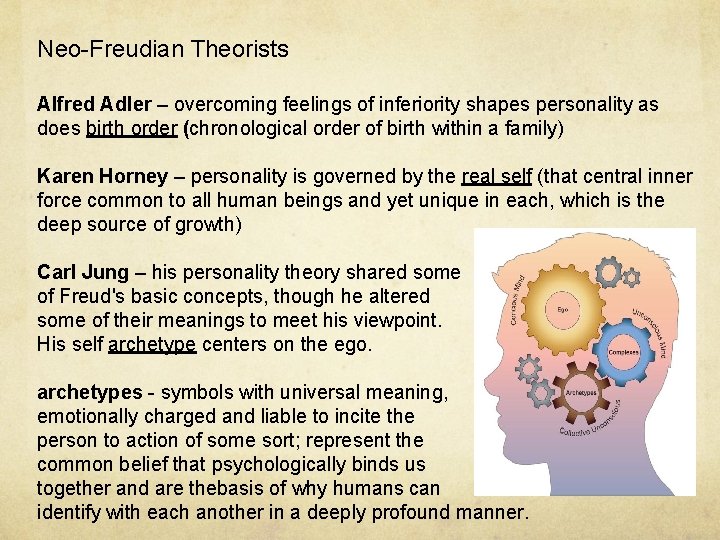 Neo-Freudian Theorists Alfred Adler – overcoming feelings of inferiority shapes personality as does birth