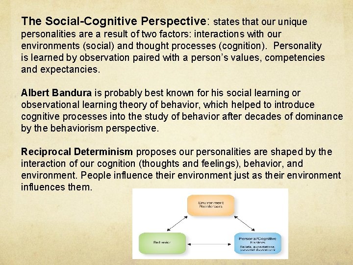 The Social-Cognitive Perspective: states that our unique personalities are a result of two factors: