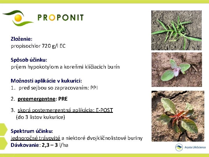 Zloženie: propisochlor 720 g/l EC Spôsob účinku: príjem hypokotylom a koreňmi klíčiacich burín Možnosti