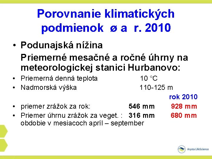 Porovnanie klimatických podmienok ø a r. 2010 • Podunajská nížina Priemerné mesačné a ročné