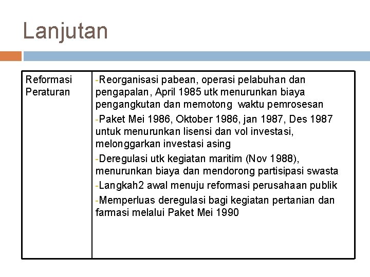 Lanjutan Reformasi Peraturan -Reorganisasi pabean, operasi pelabuhan dan pengapalan, April 1985 utk menurunkan biaya